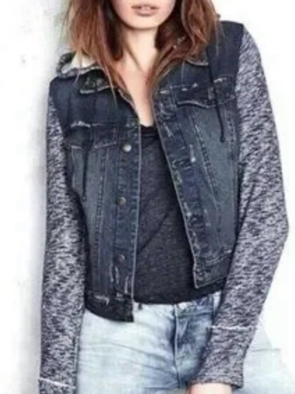 Free People Dark Blue Denim Jacket with Heather Gray Knit Sleeves